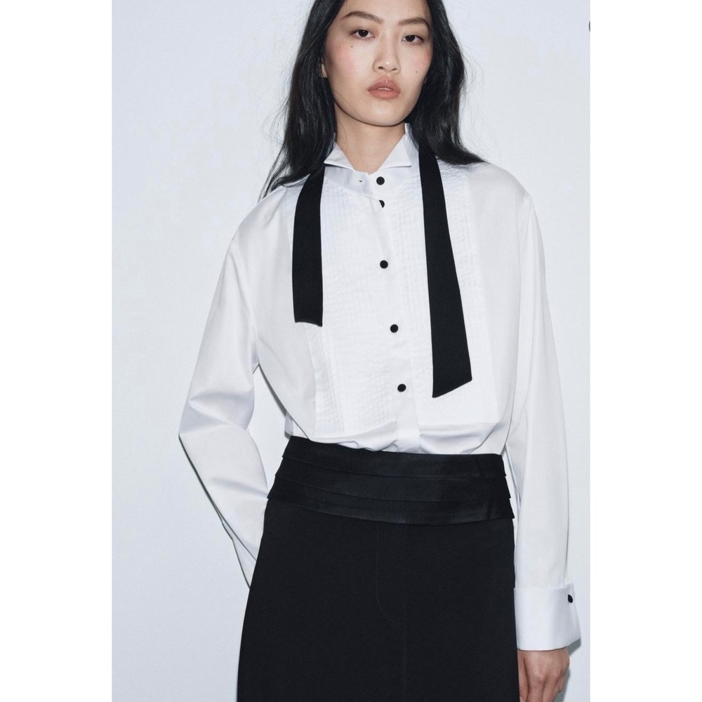 Classic White Tuxedo Shirt with Black Tie Detail